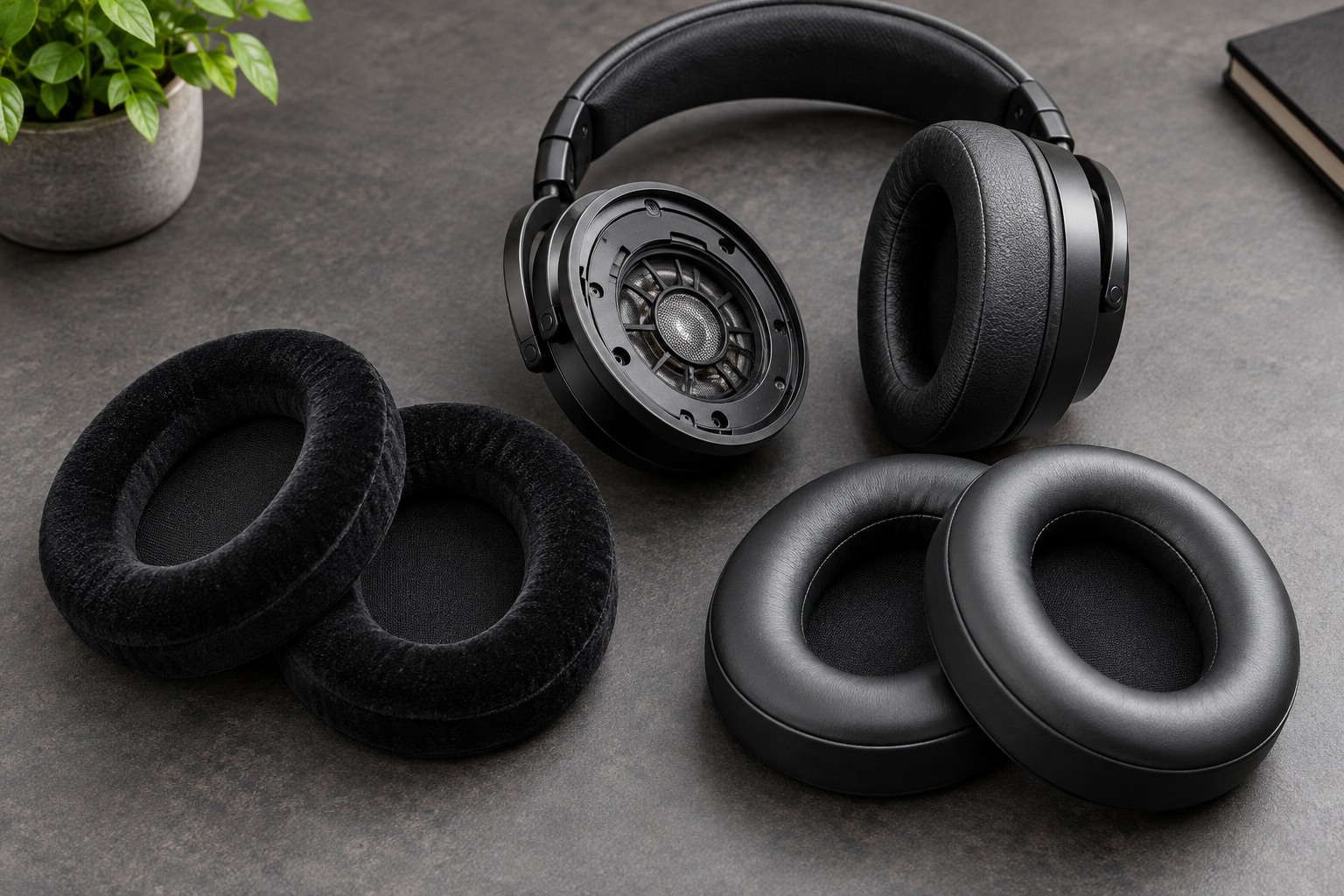 Replacement headphone ear cushions on a workbench