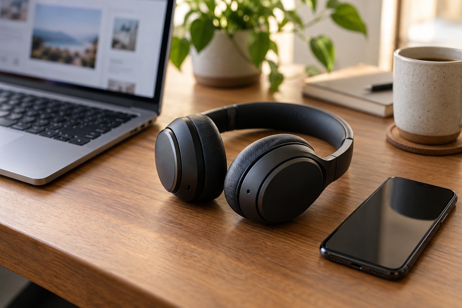 Wireless headphones between a laptop and phone