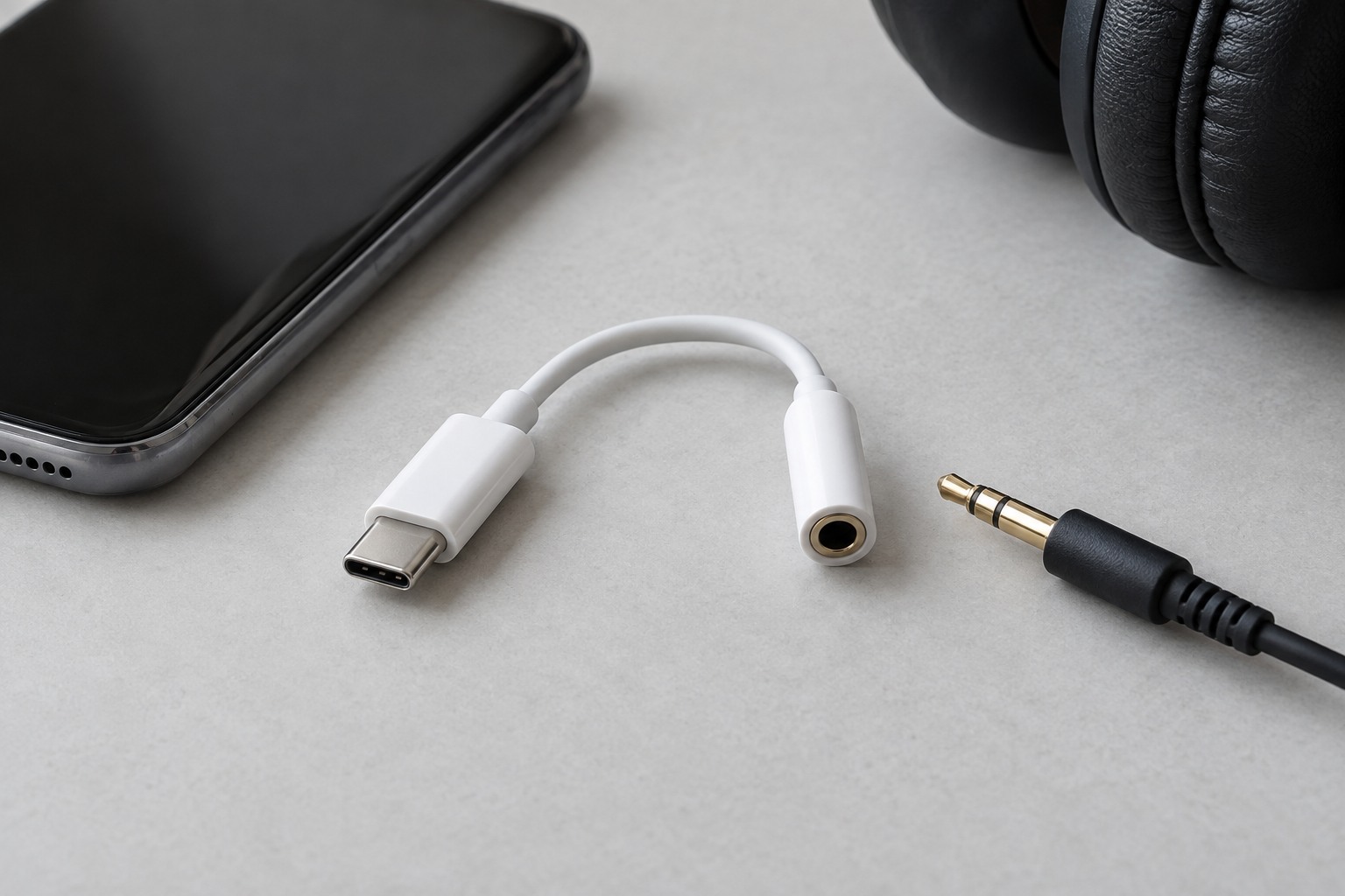 USB-C audio adapter beside a phone and headphone plug