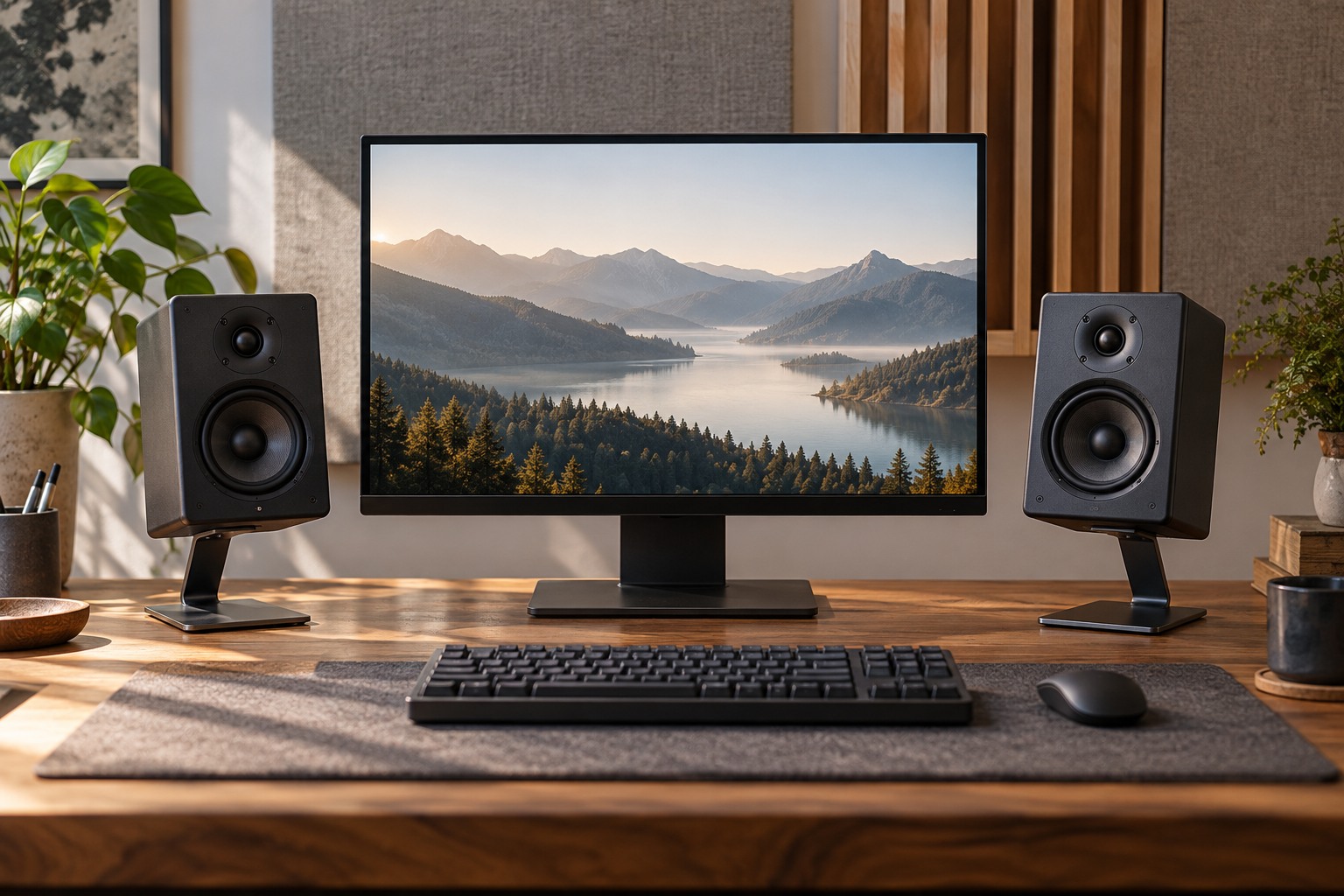 Small speakers supported by desktop stands