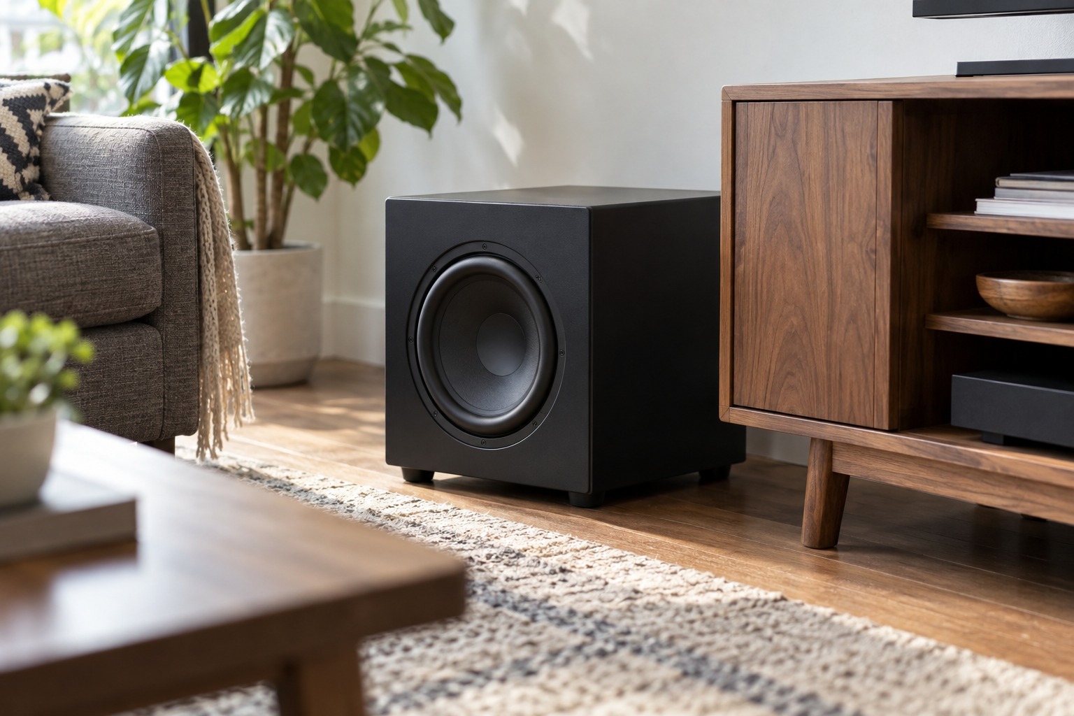 Compact subwoofer beside a media cabinet