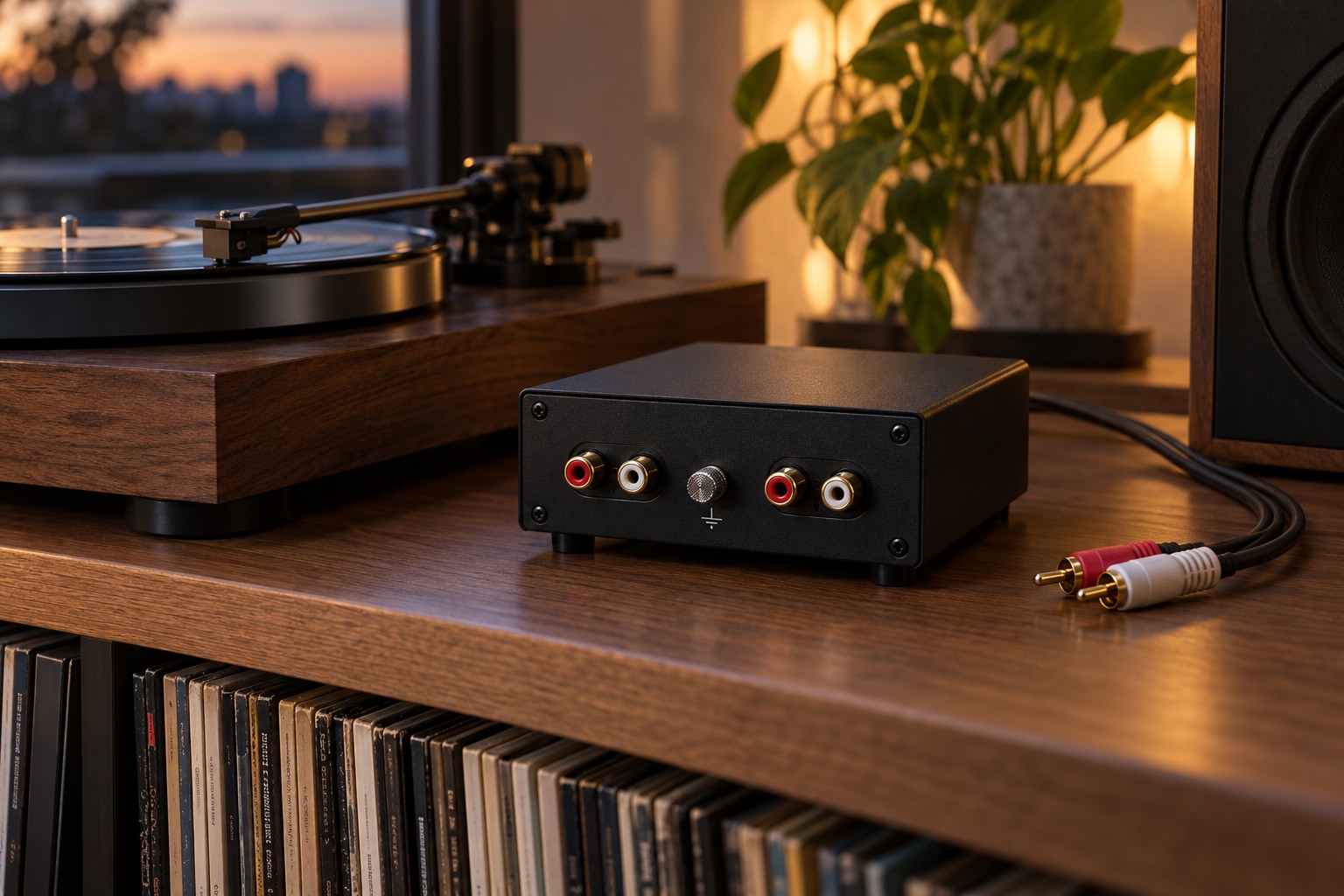 Compact phono preamplifier beside a turntable