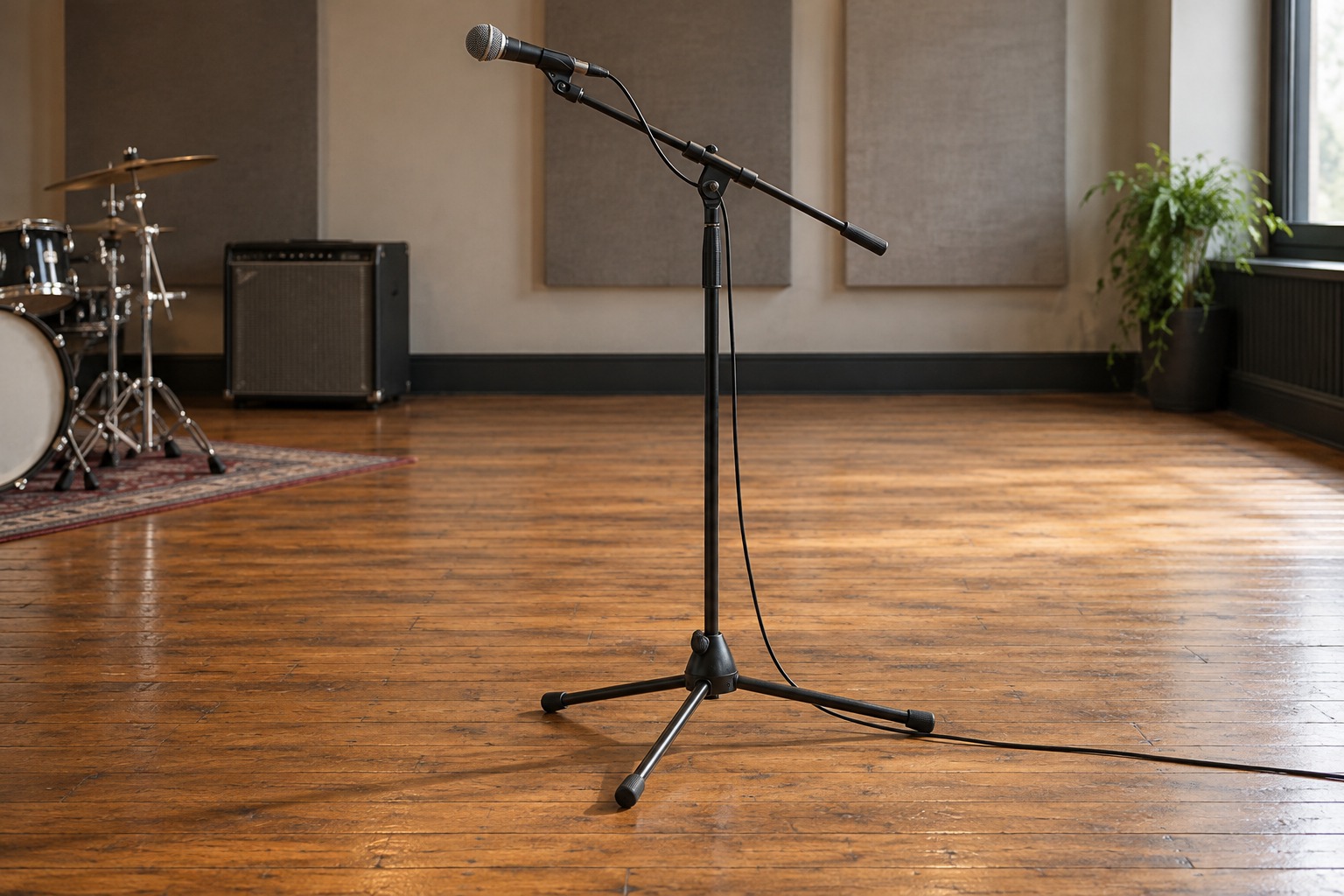 Tripod microphone stand with a balanced boom arm