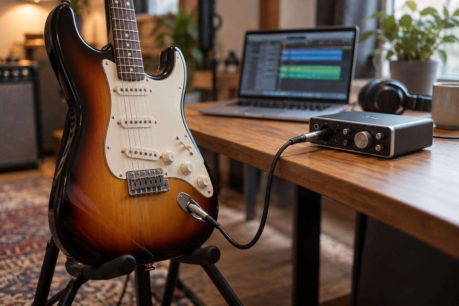Electric guitar connected to an audio interface