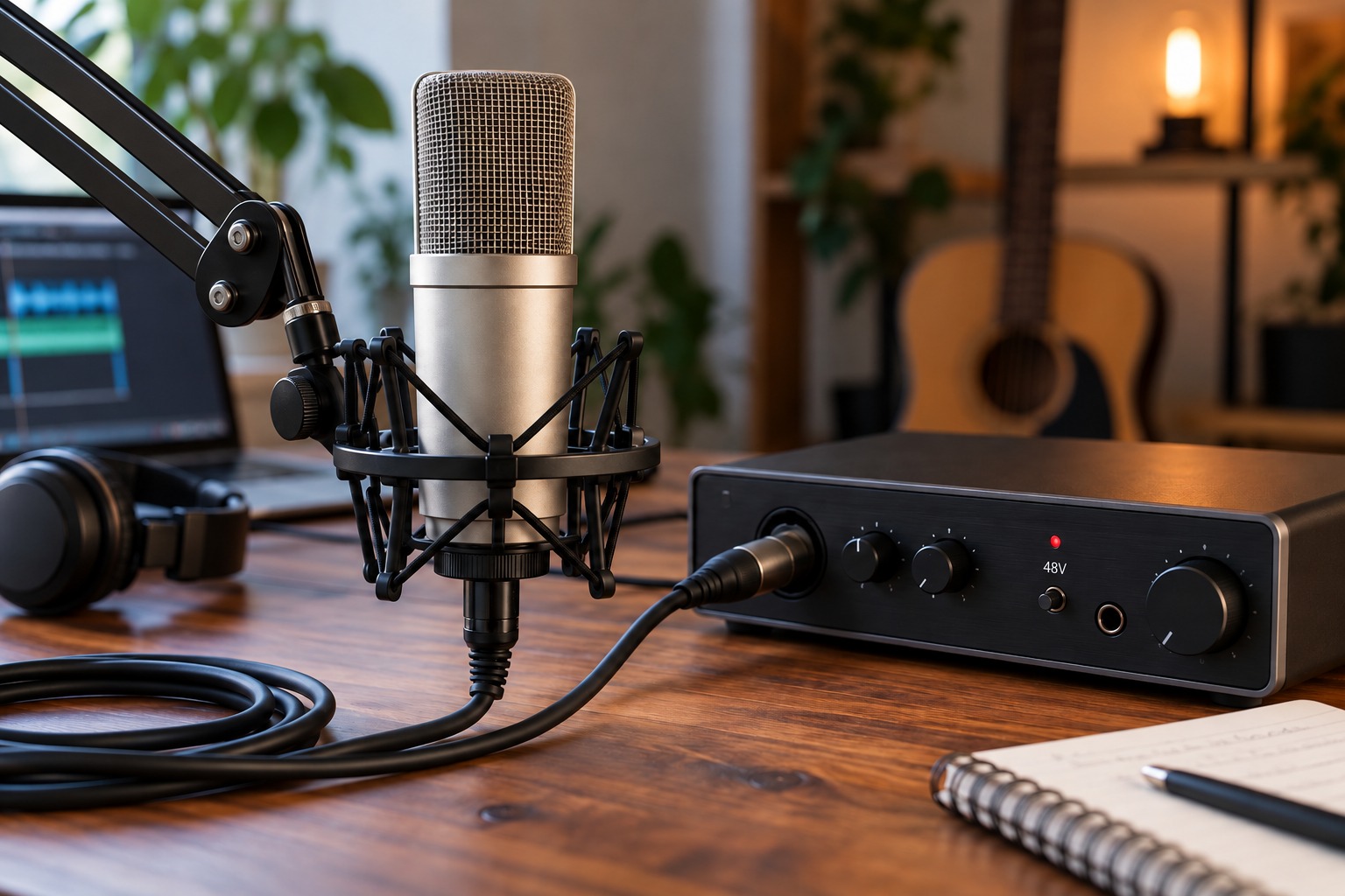Condenser microphone beside an interface phantom-power switch