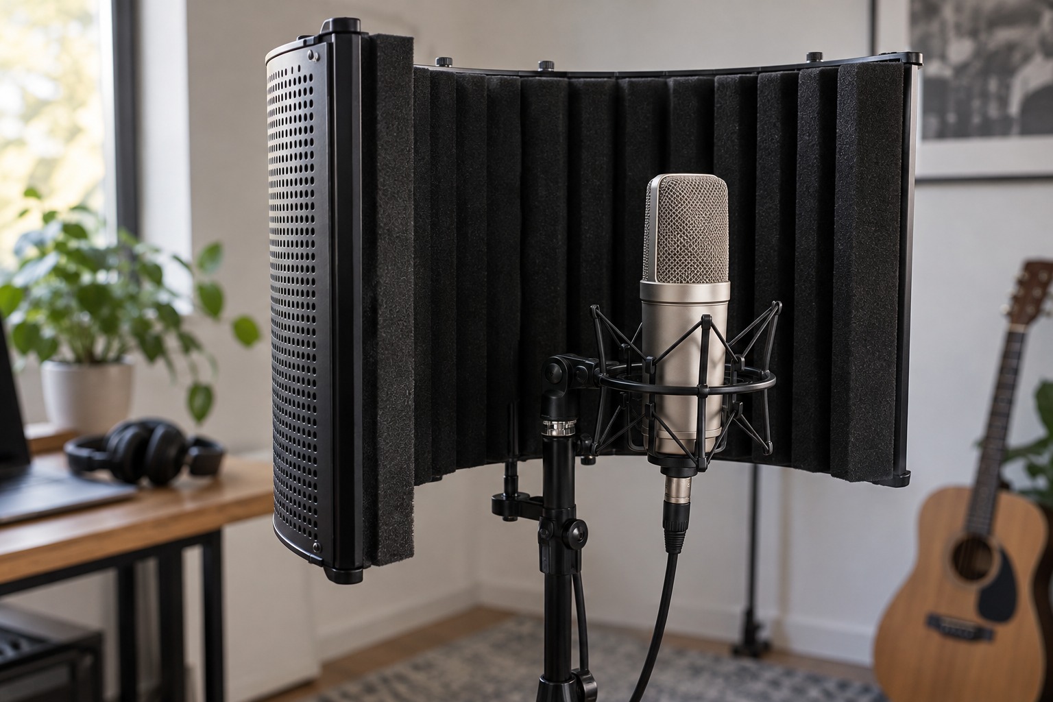 Microphone positioned in front of a curved reflection filter