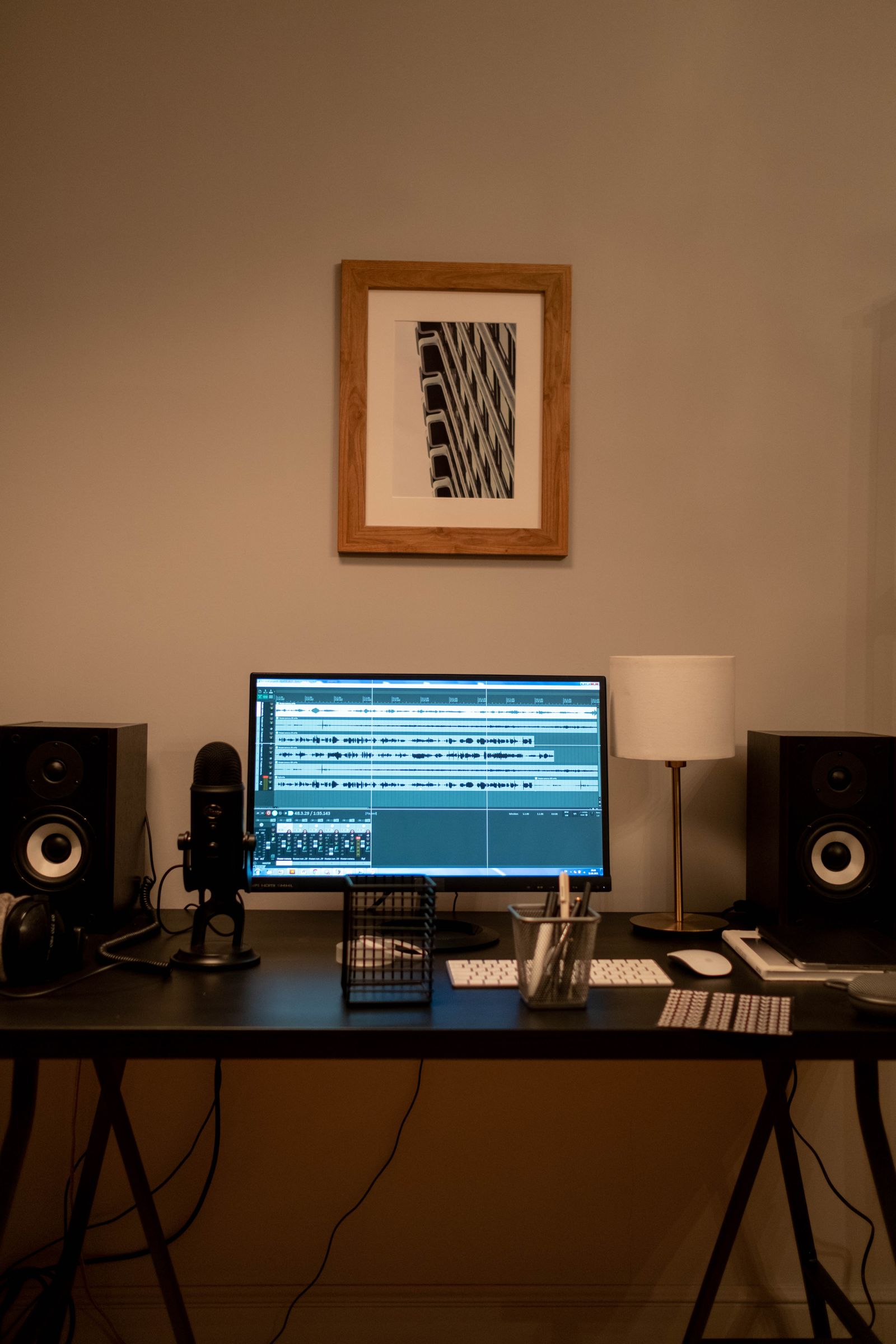 Home recording desk with microphone and speakers