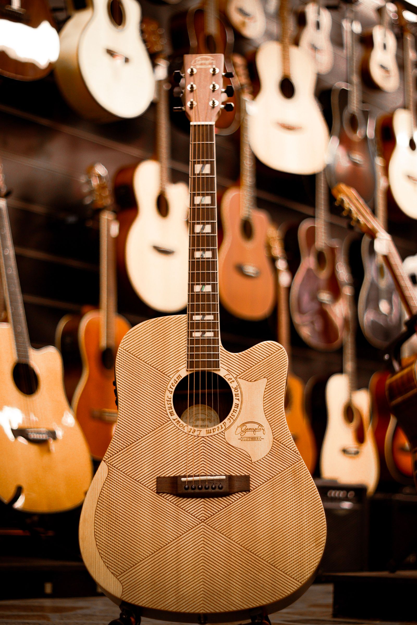 Acoustic guitar displayed in a music shop