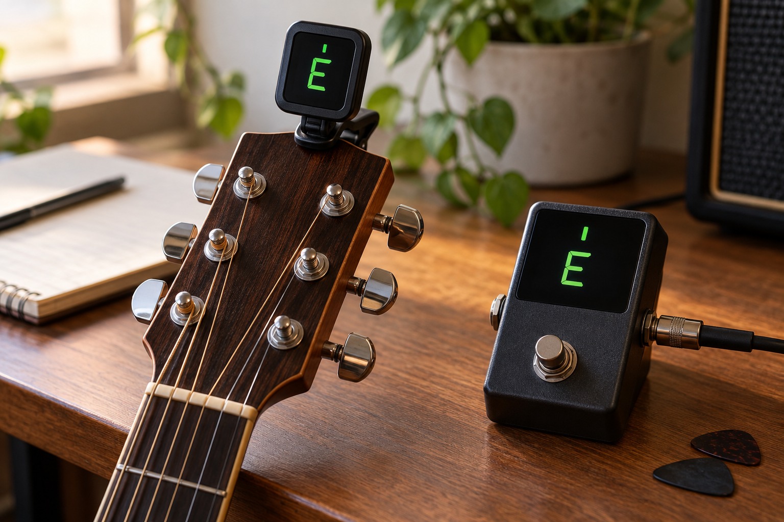 Clip-on tuner and a pedal tuner beside a guitar