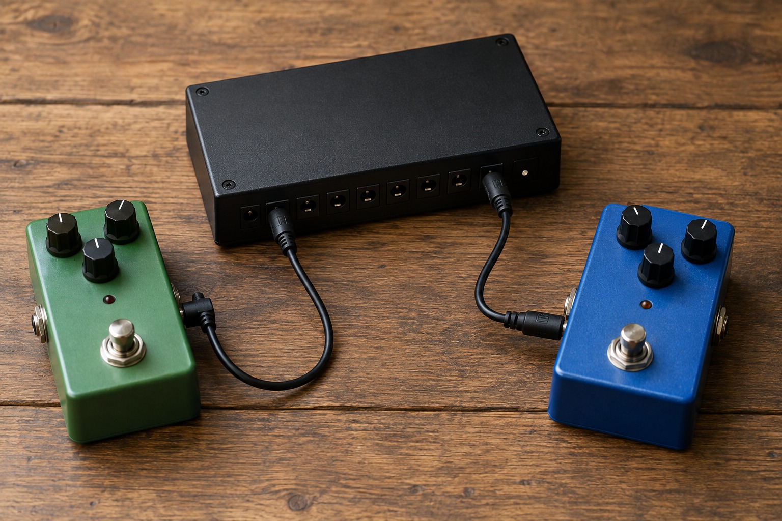 Pedal power supply with short DC cables and effects pedals