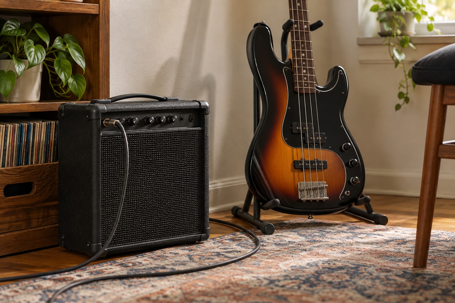 Bass practice amplifier beside a bass guitar