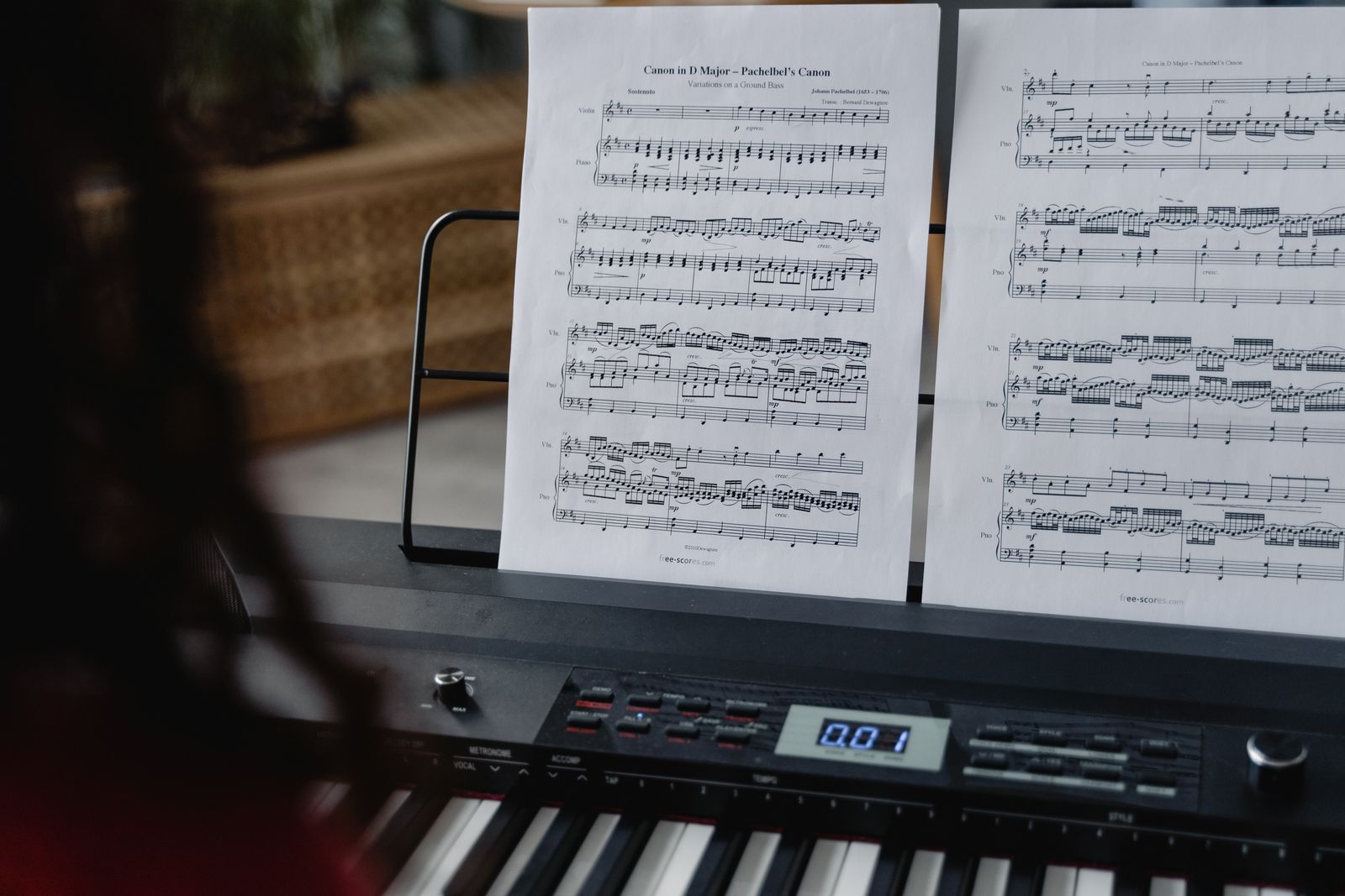 Digital piano keys and a music rest