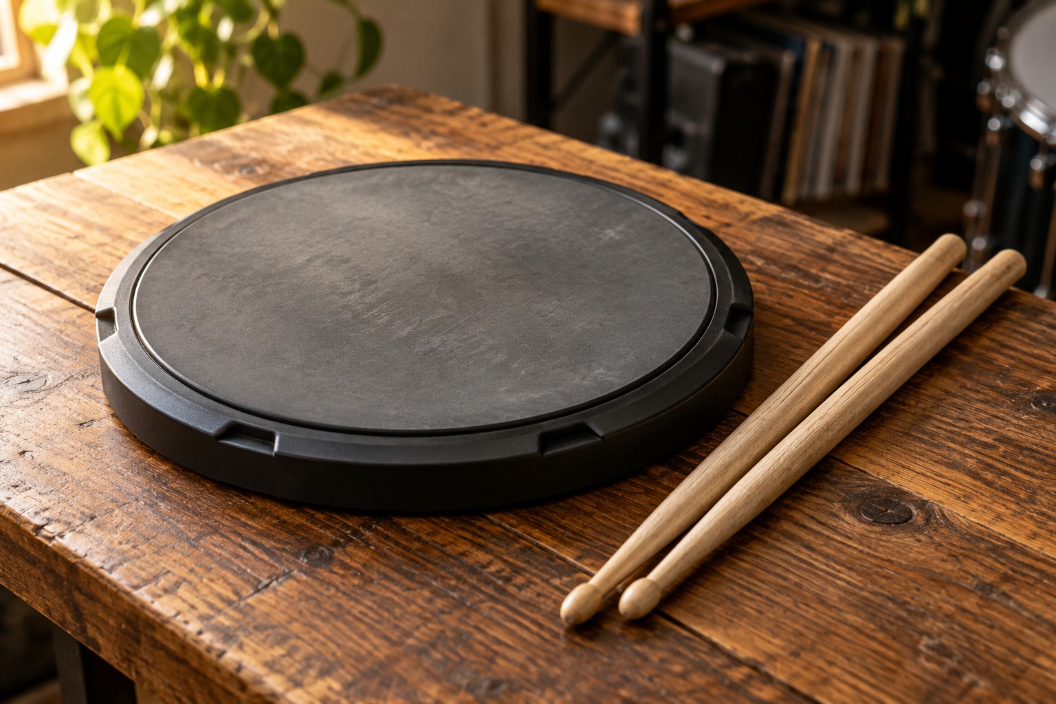 Drumsticks beside a rubber practice pad
