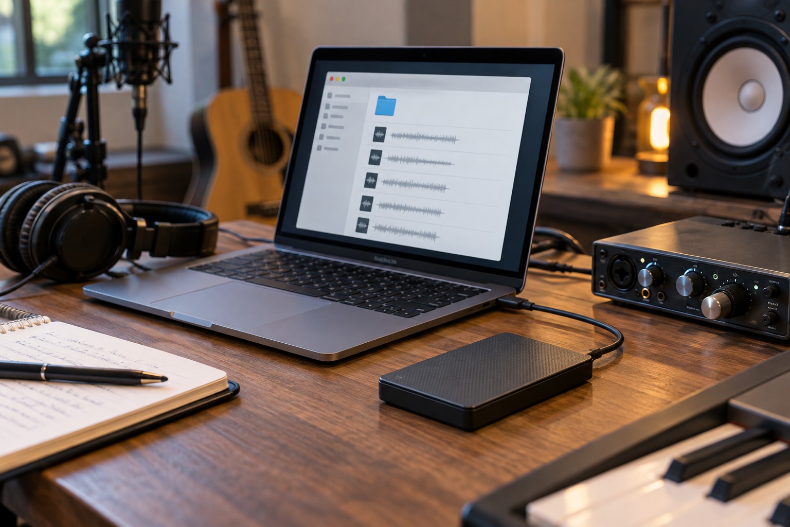 External backup drive beside a recording session laptop