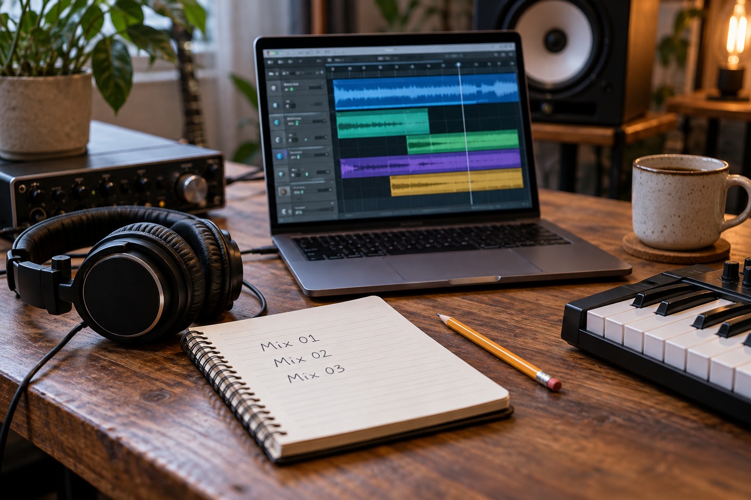 Mix revision notes beside an audio project