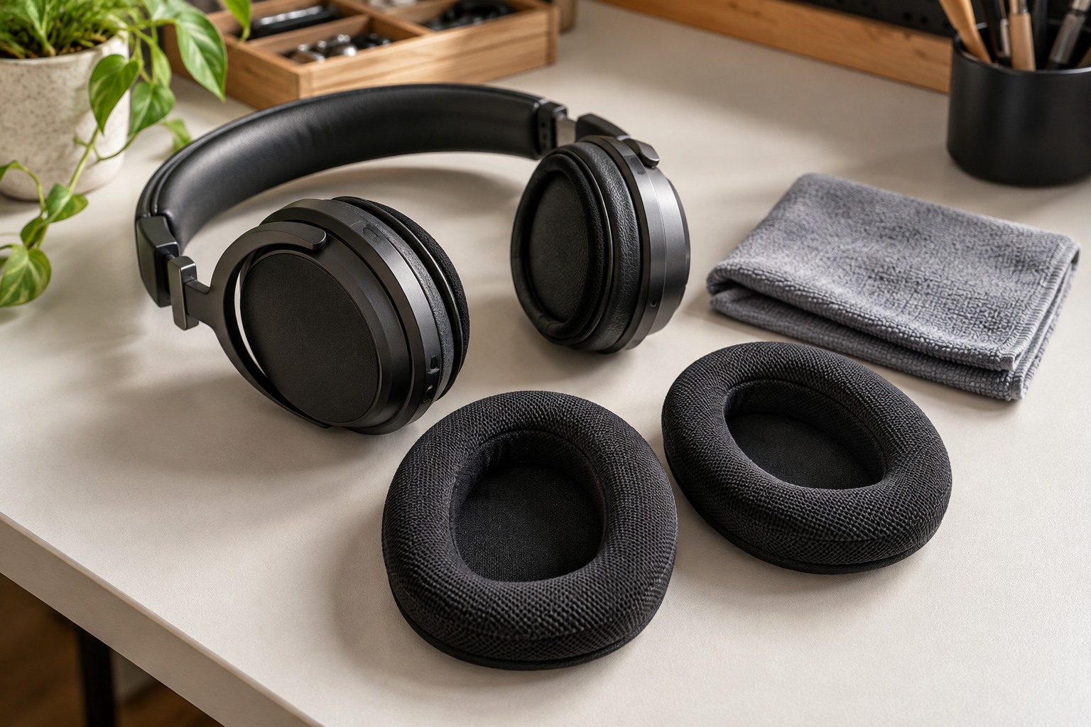 Headphone cushions and a soft cleaning cloth