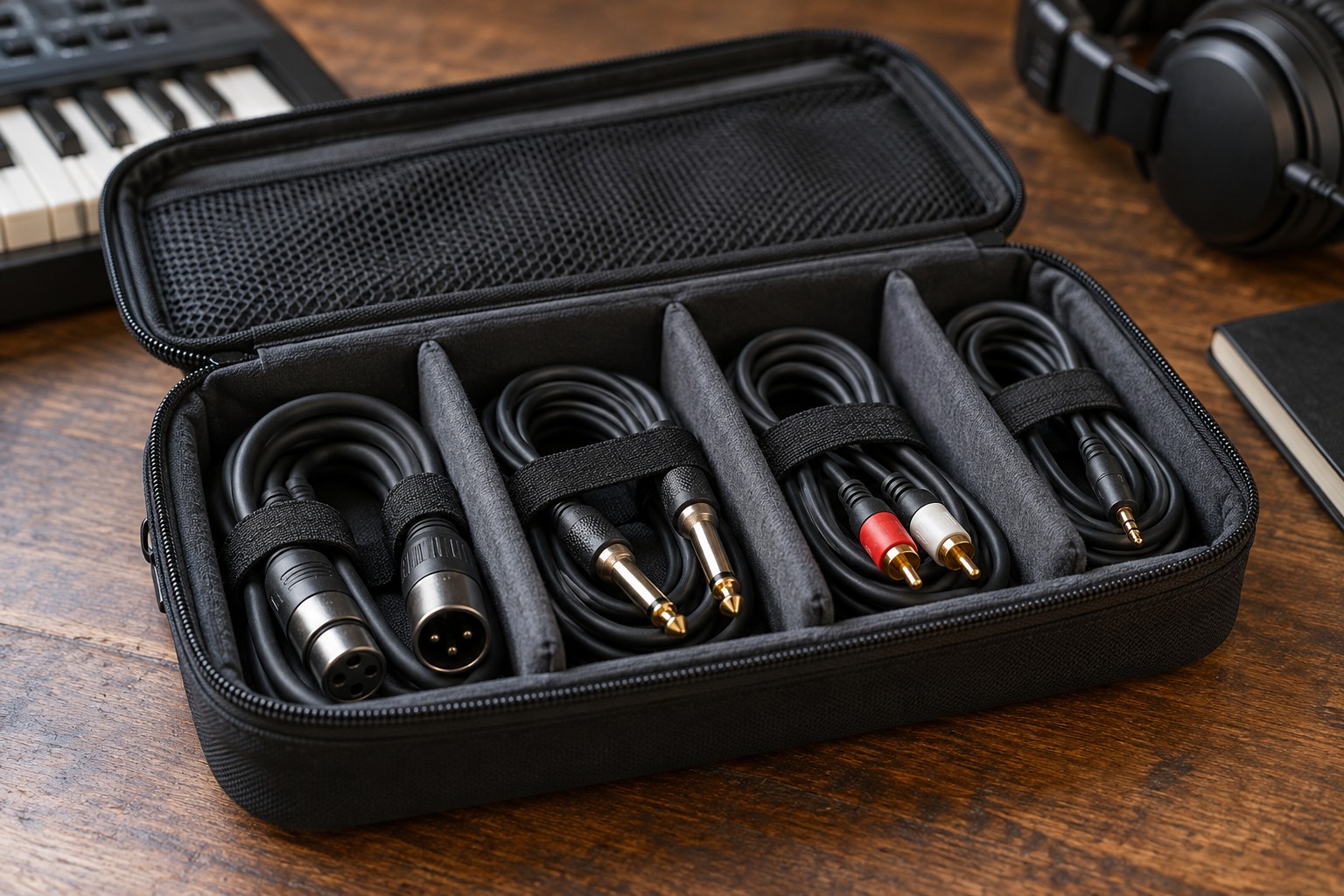 Audio connectors separated inside a storage pouch