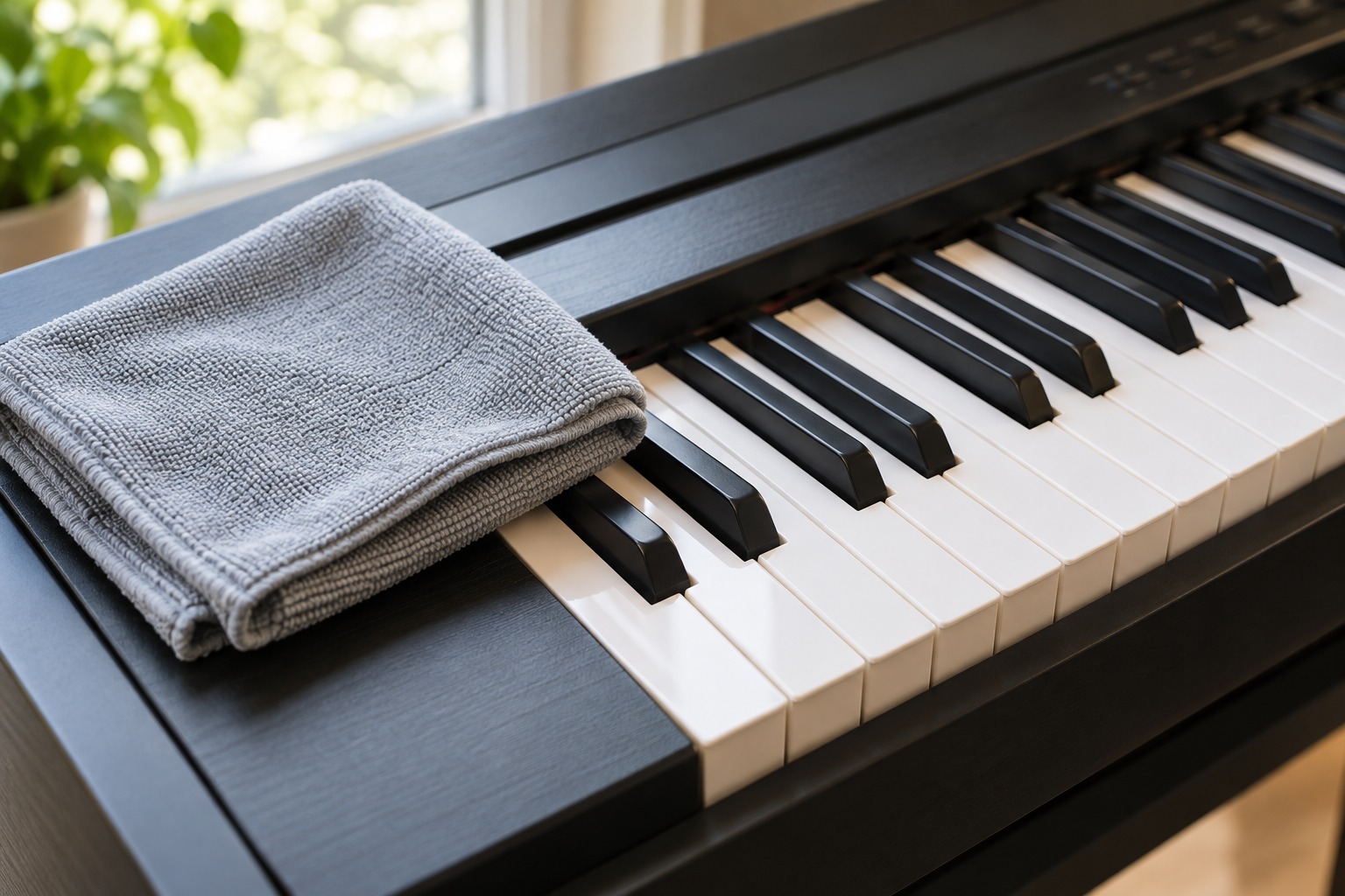 Soft dry cloth beside digital piano keys