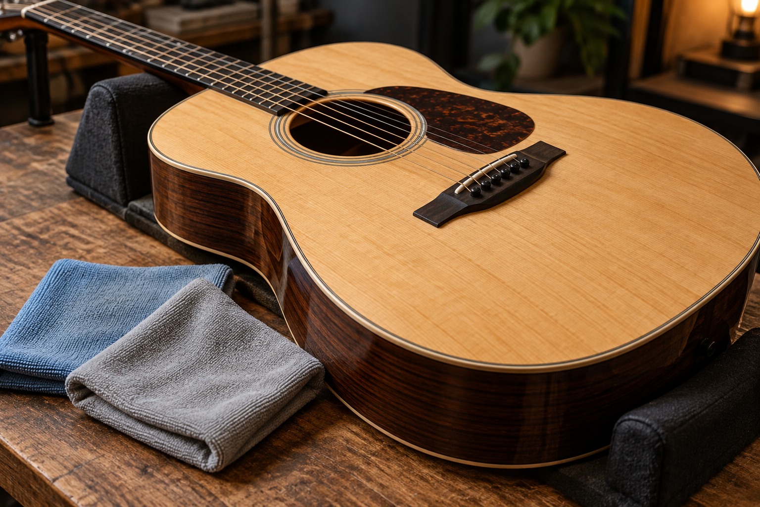 Acoustic guitar and clean polishing cloths