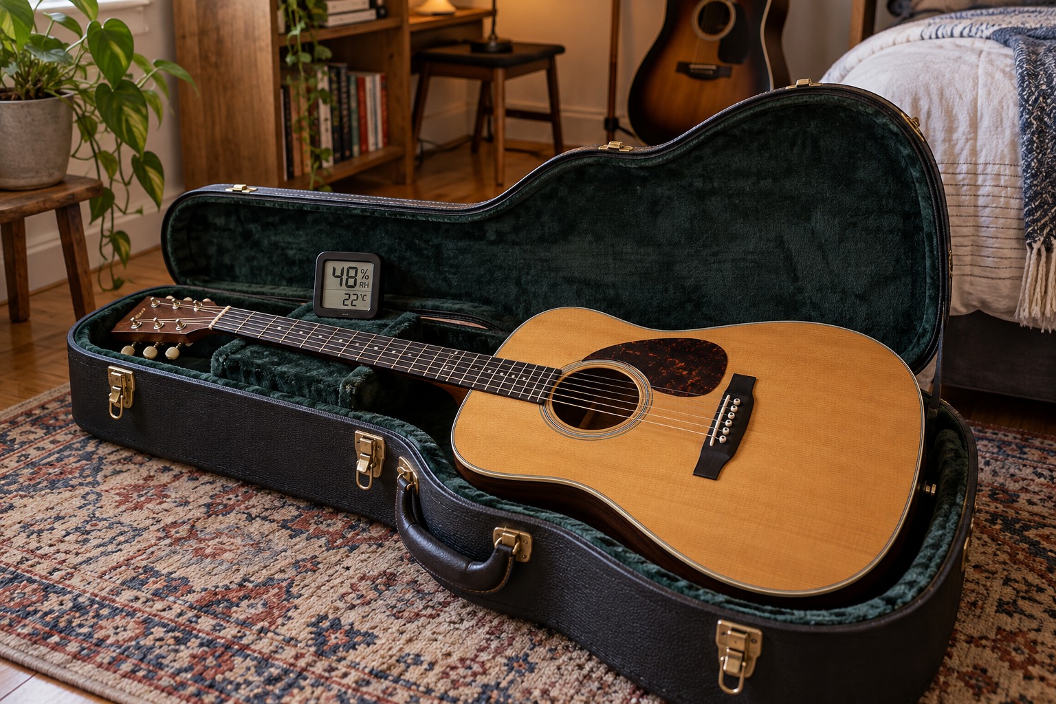 Digital hygrometer beside an acoustic guitar in its case