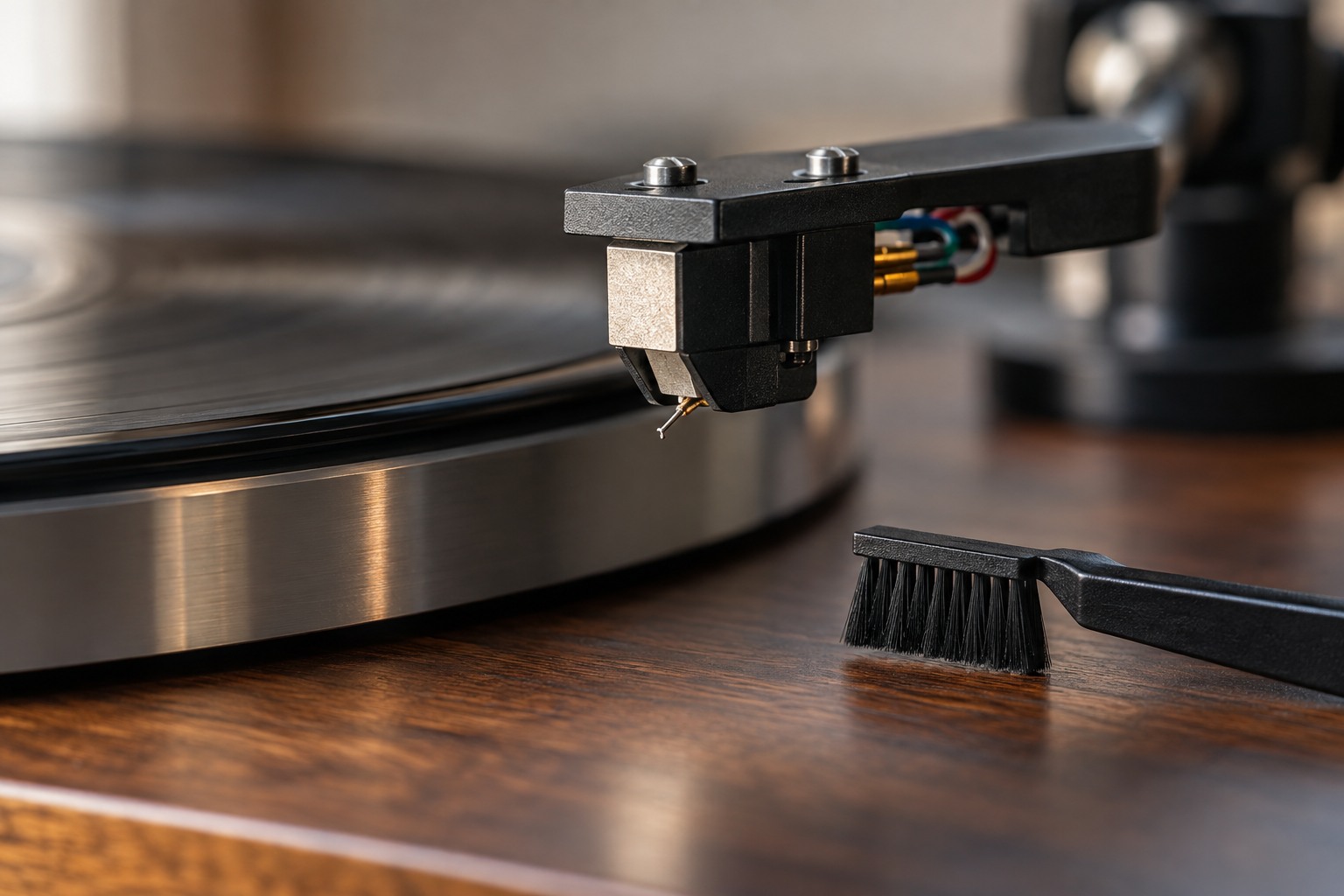 Turntable cartridge beside a small stylus brush