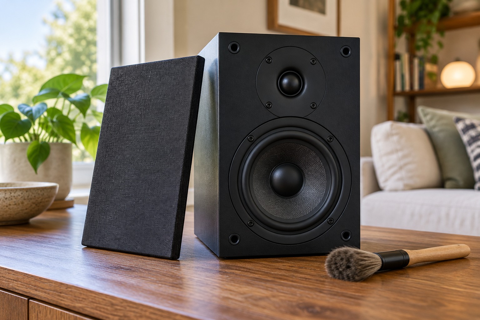 Detached speaker grille and dry dusting brush