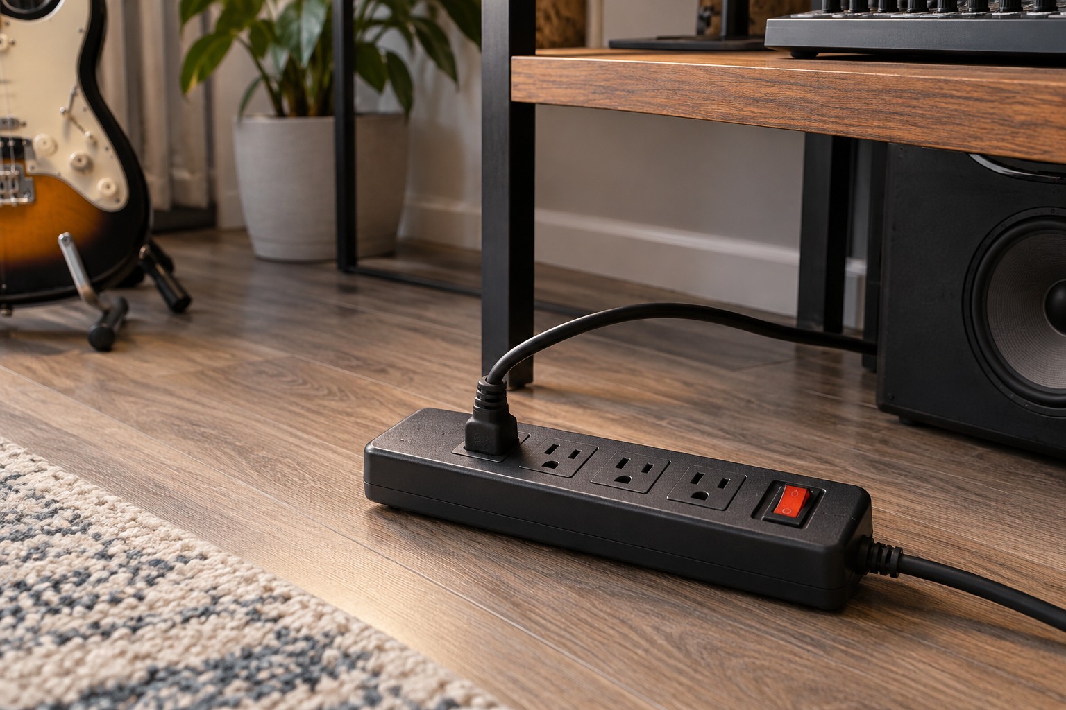 Grounded power strip beside a music desk