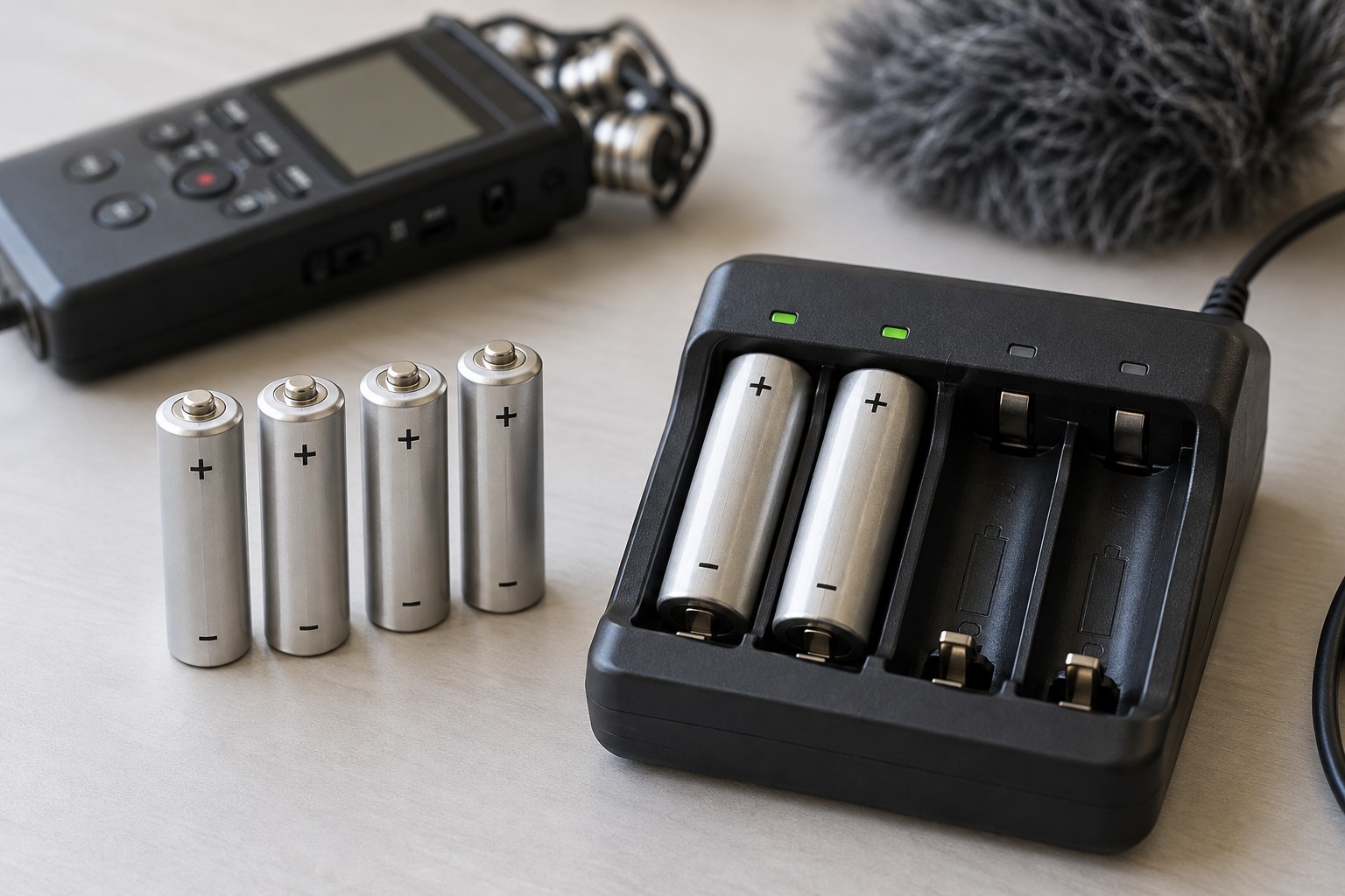 Rechargeable AA batteries and a battery charger