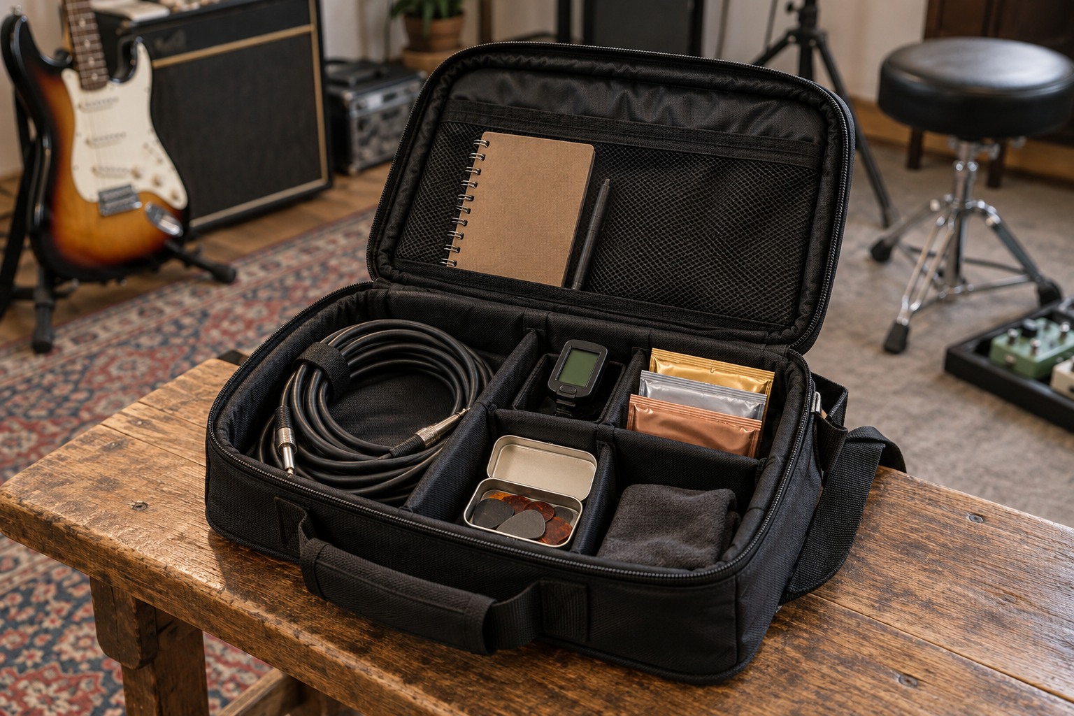Small rehearsal bag with cables and music accessories