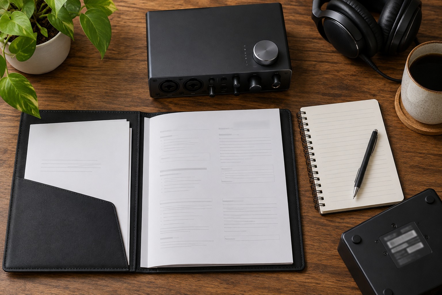 Equipment manuals and a notebook beside an audio interface